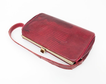 1940s Red Lizard Handbag | 40s Dark Red Lizard Leather Purse | Red Leather Handbag