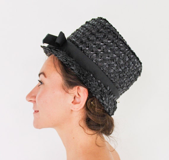1960s Black Straw Bucket Hat | 60s Black Raffia W… - image 1
