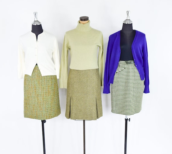 1960s Green Wool Pencil Skirts | 60s Green Scottis