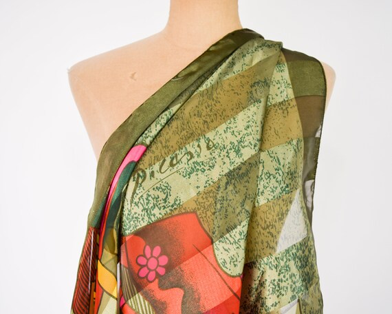 1980s Picasso Green Scarf | 80s Olive Green Print… - image 5