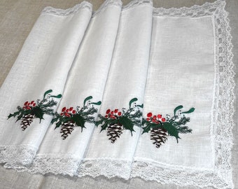 Set of linen napkins Winter bouquet embroidery on napkins table linen festive table Christmas embroidery four napkins pine cones