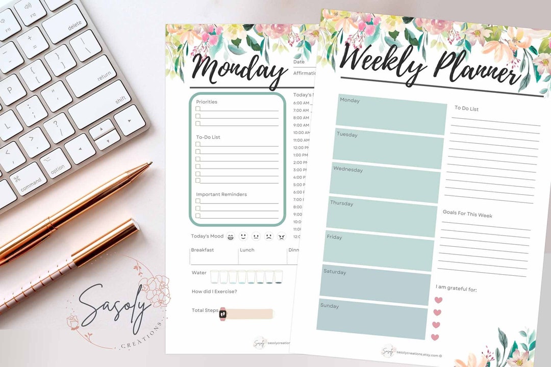 Watercolor Roses Undated Printable Weekly Planner Letter and A4 Sizes ...