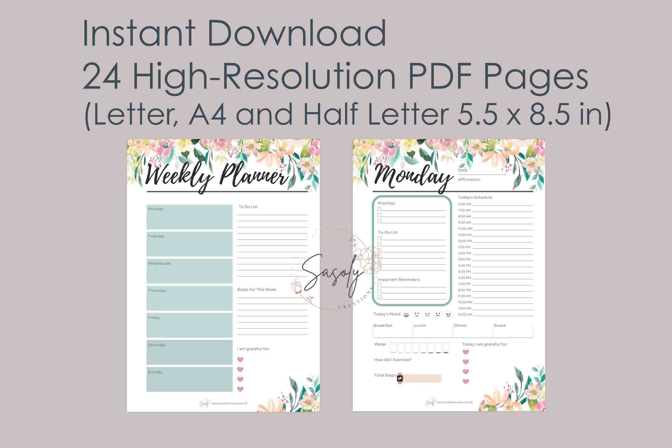 Watercolor Roses Undated Printable Weekly Planner Letter and A4 Sizes ...
