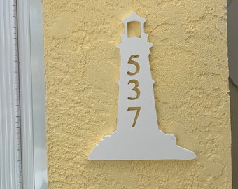 House Number Plaque - Lighthouse, Personalized Sign, Outdoor Decor, Coastal Themed Custom Sign, Address Plaque - Approx 13 x 9" wide