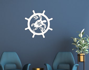 Wall Art, Ship's Wheel With Turtle Reef, Tropical, Outdoor Decor, Housewarming Gift, Custom, Coastal, Nautical, PVC Wall Art, Long Lasting