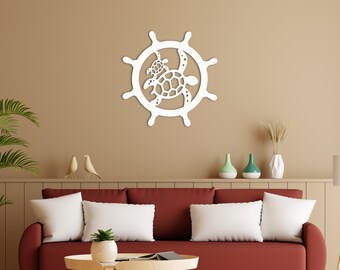 Wall Art, Ship's Wheel With Turtle & Baby, Tropical, Outdoor Decor, Housewarming Gift, Custom, Coastal, Nautical, PVC Wall Art, Long Lasting