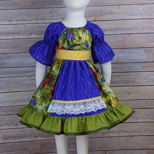 May include: A purple and green dress with a floral print and a white lace trim. The dress has a yellow sash and a ruffled bottom.
