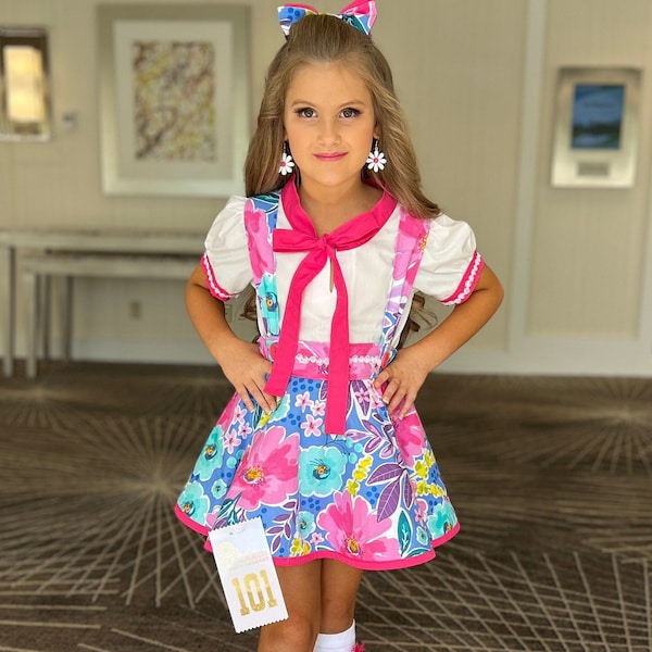 Pageant Casual Wear, Girls Floral Blouse and Skirt Set, Back to School Outfit, Pageant School Wear, OOC, Suspender Skirt, Top, Bows, Flowers