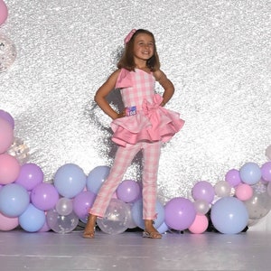 Casual Wear Outfit Pink White Checks Pageant, Top, Pants, Bows,  One Shoulder, Sports Wear, OLM, Pro Am, Runway, Fun Fashion, Gingham, OOC