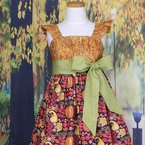 Girls, Thanksgiving Dress, Toddler, Fall Dress, Pumpkin Dress, Autumn Dress, Harvest, Indian Corn, Orange, Green, Boutique, Flutter, Sleeve