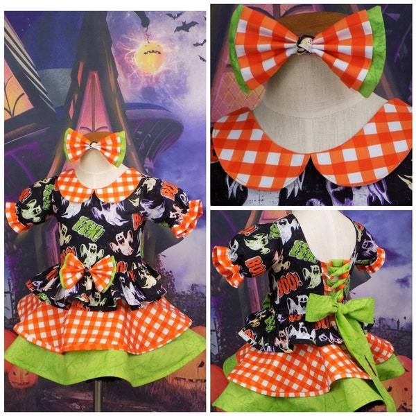 Halloween Pageant Wear, Halloween Outfit, OOC, Halloween Dress, Girls, Corset, Adjustable, Ghost, Gingham, Peplum, Top, Circle Skirt, Bows