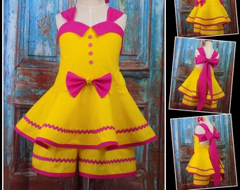 Yellow Casual Wear, Pageant, Interview Romper, Girls Solid Color Outfit, Romper, Open Back Top, Shorts, Skirt, Bow, One Piece, OOC, Toddler