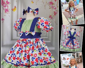 Strawberries Dress, Girls Strawberry Dress, RWB, Pageant, Festival, Denim Wear, OOC, Outfit, Set, Red, Blue, Gingham, Sleeves, Suspender