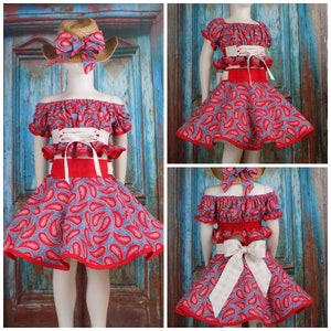 Western Wear Cowgirl Pageant Crop Top Off Shoulder, Corset, Circle Skirt, Red, Paisley, Outfit, Cowboy, Rodeo, Country, Square Dance