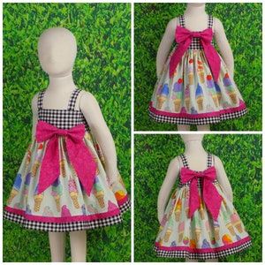Girls Ice Cream Dress, Birthday, Party, Summer Dress, Bow, Soft Serve, Cone, Sprinkle, Popsicle, Sundae, Gingham, Baby, Toddler, Tween, Teen