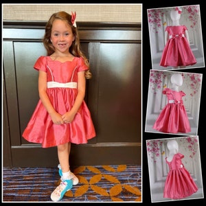 Interview Dress for Pageant, Girls Faux Silk Dupioni Dress, Pageant Dress, Coral, White, Yellow, Sleeves, Bow, Party Dress, OLM Pageants