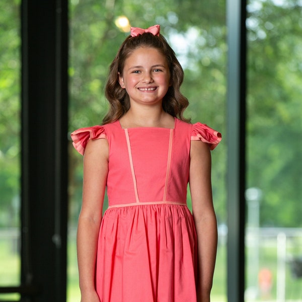 Interview Dress for Pageant, Girls Solid Color Cotton or Poly Cotton Dress, Flutter Sleeves, Hair Bow, OLM, Cindy Pageants, Mini Miss Dress