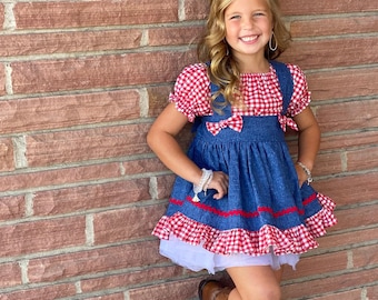 Girl Western Dress, Country, Pageant, Denim Wear, OOC, Outfit, Set, Red White Blue, Gingham, Cowgirl, Rodeo, Square Dance, Sleeve, Suspender Girl Western Dress, Country, Pageant, Denim Wear, OOC, Outfit, Set, Red White Blue, Gingham, Cowgirl, Rodeo, Square Dance, Sleeve, Suspender