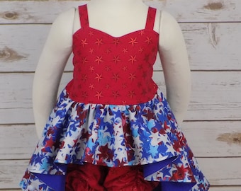 Patriotic Pageant Wear, Girls 4th of July Outfit, Red White Blue, OOC, Fun Fashion, Casual Wear, Stars, High Low, Top, Short Set