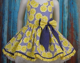 Girls Lemon Dress, Casual Wear, OOC, Natural, Pageant, Corset, Back, Stripes, Gingham, Yellow, Fruit, Slice, Blue, Boutique, Birthday, Party