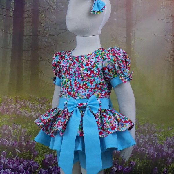 Casual Wear Outfit, Blue, Pageant Outfit, Toddler Casual Wear, OOC, Top, Short, Bows, Sleeves, Turquoise, Teal, Summer, Sports Wear, Red