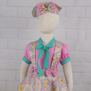 Pageant Casual Wear, Girls Floral Blouse and Skirt Set, Pastel Paisley, Pageant Sports Wear, Beret Hat, OOC, Suspender Skirt, Top, Bow, Pink