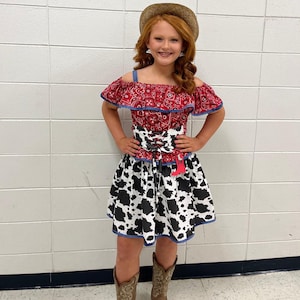 Western Wear Denim Cow Outfit Cowgirl Pageant, Cow Dress, Ruffle Top ...