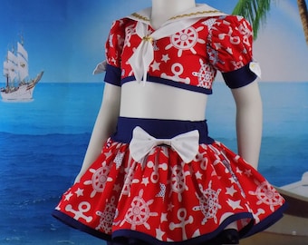 Pageant Sailor Outfit, Anchors, Girls Sailor, Nautical, Crop Top and Skirt, Pageant, Casual Wear, OOC, Birthday, Beach Photo Shoot, Hat, Bow