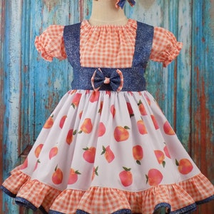 Dress with Peaches, Peach Festival, Parade, Country Fair, Pageant OOC, Denim Wear, Peach Theme Outfit, Peach Gingham, Sleeves, Suspender
