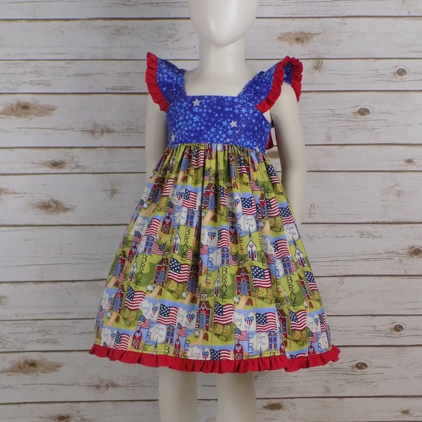 Girls, Patriotic Dress, 4th of July Dress, Pageant, Stars, Flags, School, Independence Day, Memorial Day, Flutter Sleeves, 4T Ready to Ship