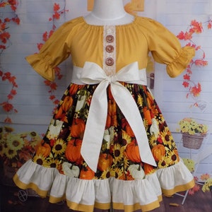Girls Fall Dress, Sunflower Dress, Pumpkin Dress, Toddler, Baby, Teens, Autumn, Outfit, Boutique, Handmade, Peasant, Sleeves, Twirl Skirt