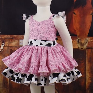 Pink Western Dress, Pink Cow Outfit, Pink Birthday, Farm, 1st Birthday, Cowgirl, Pageant Wear, Western Wear, OOC, Bandana, Cow Print, Girls