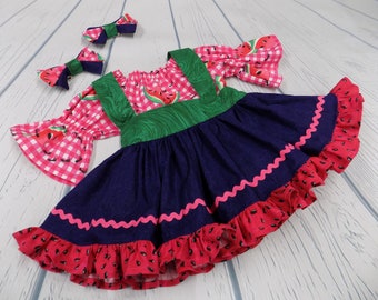 Watermelon Dress, Girls Western Dress, Country, Pageant, Denim Wear, OOC, Outfit, Set, Red, Pink, Gingham, Square Dance, Sleeves, Suspender