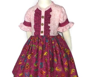 Girls, Back to SCHOOL Dress, First Day of School, Kindergarten, ABC, Alphabet, Fall, Animals, Pink Dress, Short Sleeves, Ruffles, Pictures