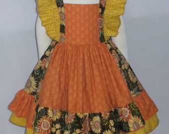 Girls Sunflower Dress, Girls Fall Dress, Thanksgiving, Autumn, Boutique, Orange Dress, Twirl Skirt Dress, Fall Ruffle Dress, Baby, Toddler