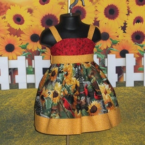 Girls Sunflower Dress, Girls, Fall Dress, Thanksgiving, Toddler, Red, Cardinal, Bird, Handmade, Sundress, Halter, Baby 6 12 18 mo 2T 3T 4T 5