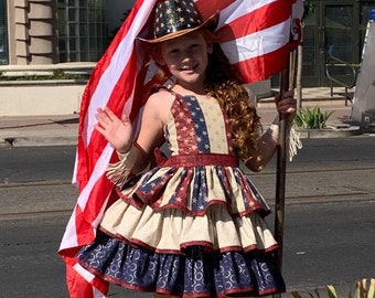 Patriotic Pageant Wear, Girls, Western, Outfit, Patriotic Dress, Red White Blue, Star Stripe, July, Top Short Set, Casual Wear, OOC, Natural