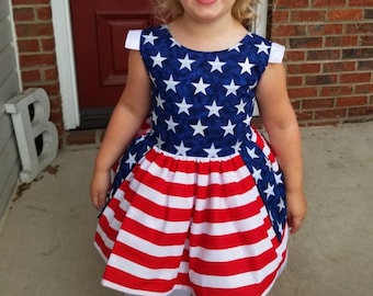 Girls Flag Dress, Blue Star Dress, Patriotic Pageant, Red White Blue Dress, 4th of July, Stars Stripes, USA, Pageant, Casual, Wear, OOC, RWB