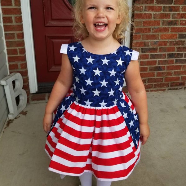 Girls Flag Dress, Blue Star Dress, Patriotic Pageant, Red White Blue Dress, 4th of July, Stars Stripes, USA, Pageant, Casual, Wear, OOC, RWB