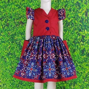 Size 6 Red White Blue Dress, Ready to Ship, Girls Summer Dress, Flutter Sleeve, Buttons, Pockets, Patriotic Dress, 4th July, RTS