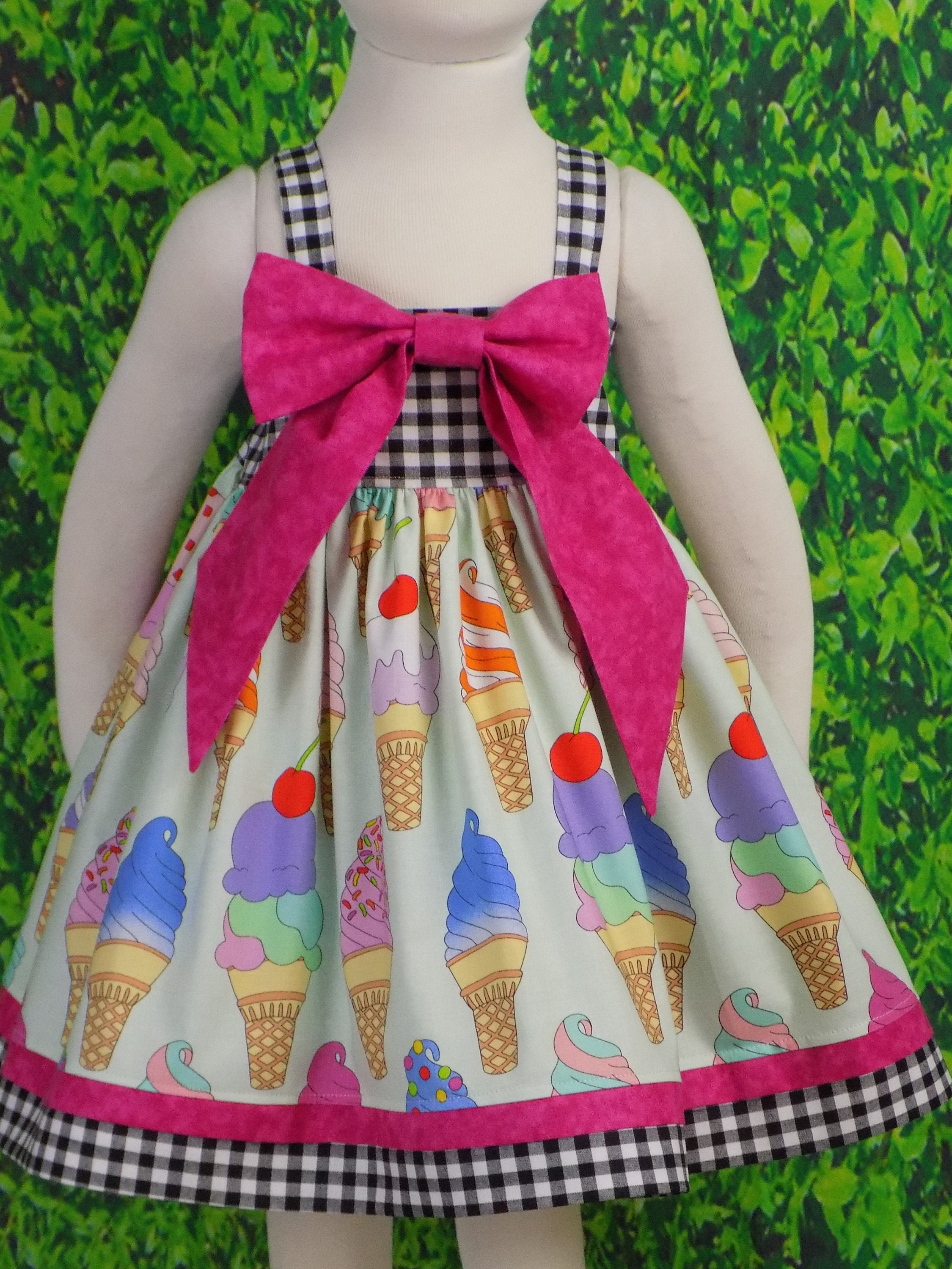 Girls Ice Cream Dress, Birthday, Party, Summer Dress, Bow, Soft Serve, Cone, Sprinkle, Popsicle, Sundae, Gingham, Baby, Toddler, Tween, Teen