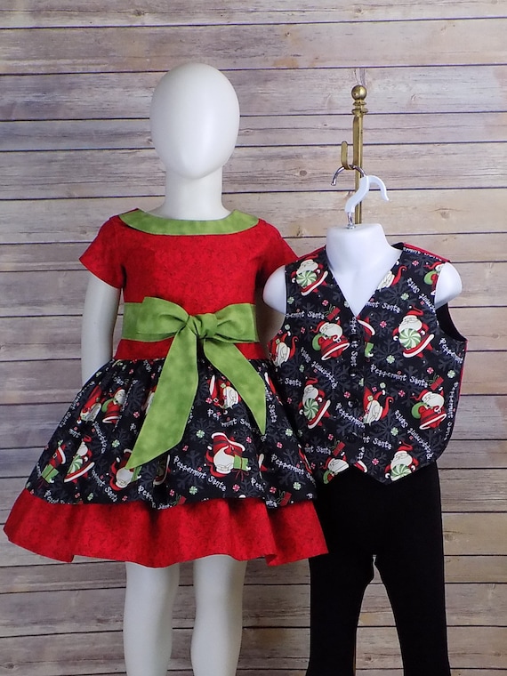 Christmas Matching Outfit Brother Sister Set Sibling Set Santa Peppermint Red Black Girl Dress Boy Vest Toddler Made to Match M2M Etsy