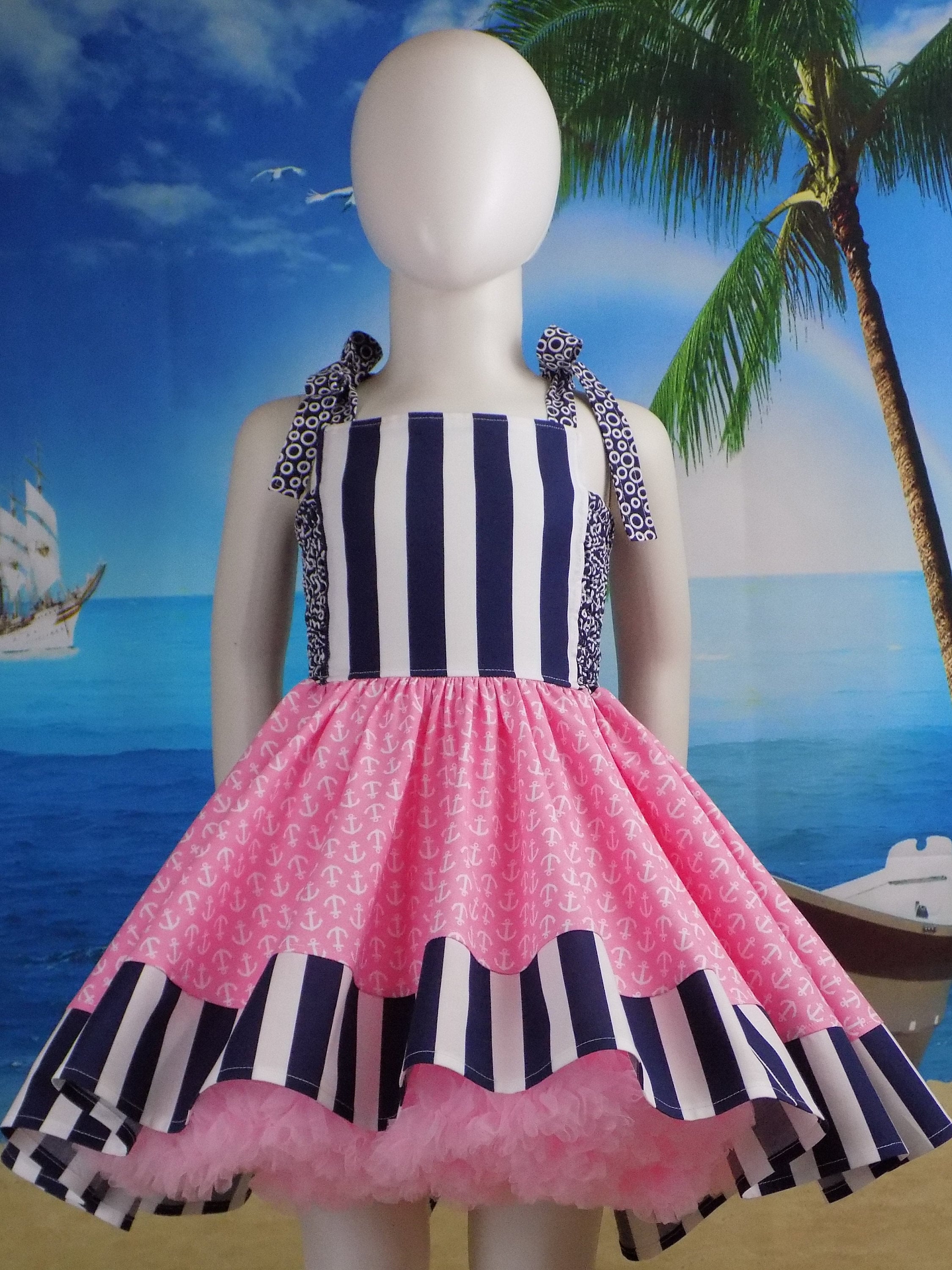 Anchor Dress, Nautical, Sailor, High Low, Pageant, Casual Wear, OOC, Birthday, Beach, Photo Shoot, Pink, Navy, Blue White Stripes, Summer