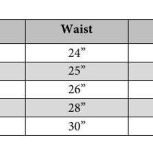 May include: A size chart for children's clothing with measurements for chest, waist, hip, and inseam in inches.