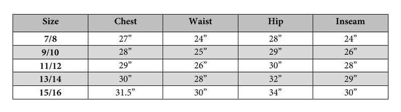 May include: A size chart for children's clothing with measurements for chest, waist, hip, and inseam in inches.