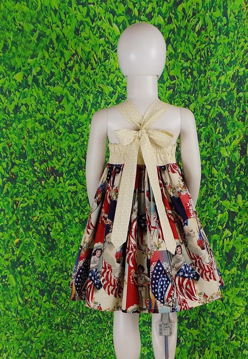 Girls Flags Sundress Summer Labor Patriotic Dress 4th July Dress Independence READY to SHIP Red Open Back Blue 4T Stars Halter