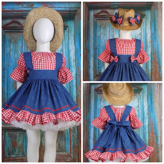 Girl Western Dress, Country, Pageant, Denim Wear, OOC, Outfit, Set, Red  White Blue, Gingham, Cowgirl, Rodeo, Square Dance, Sleeve, Suspender 