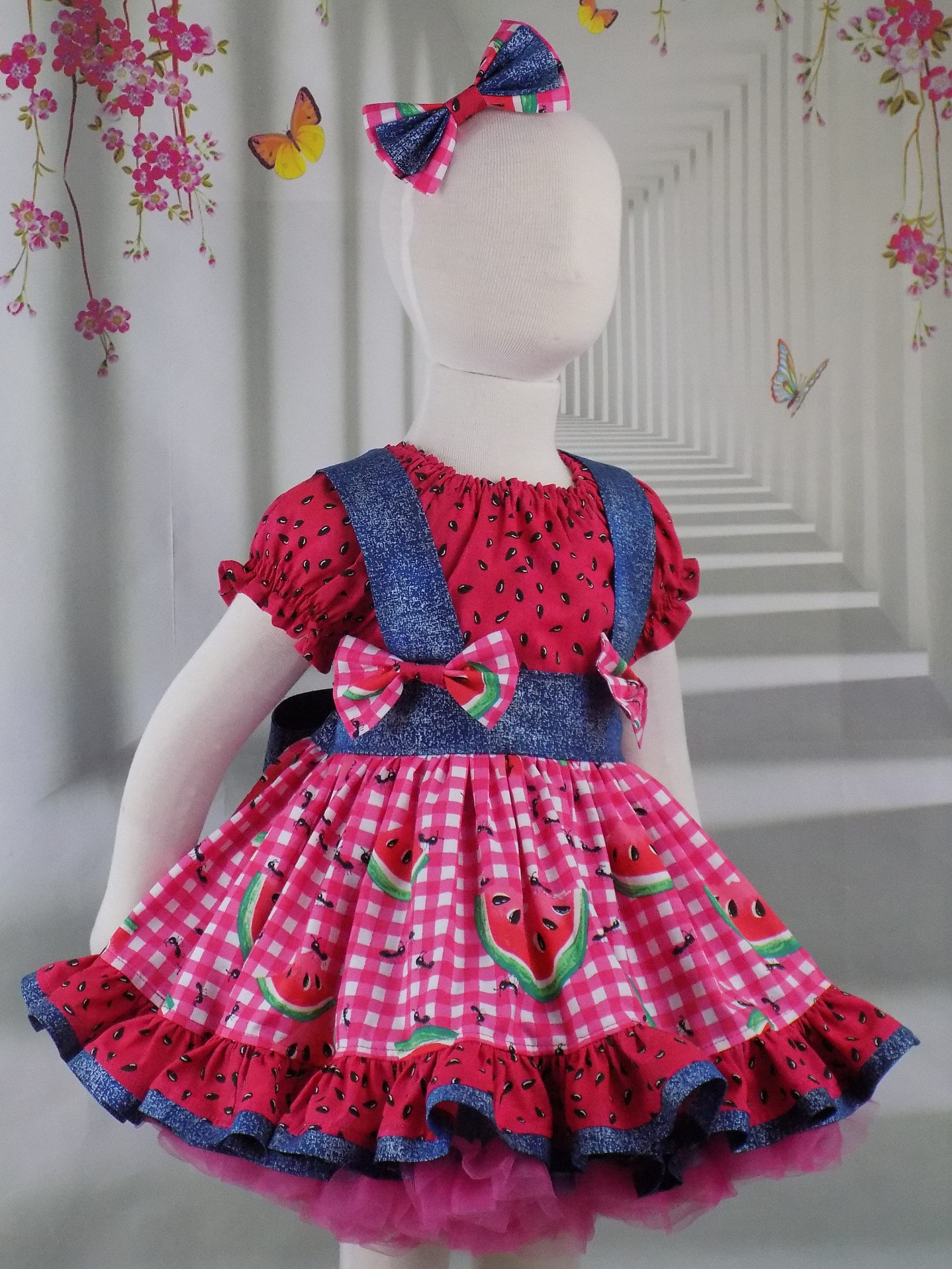 Watermelon Dress, Girls Western Dress, Country, Pageant, Denim Wear, OOC,  Outfit, Set, Red, Pink, Gingham, Square Dance, Sleeves, Suspender - Etsy