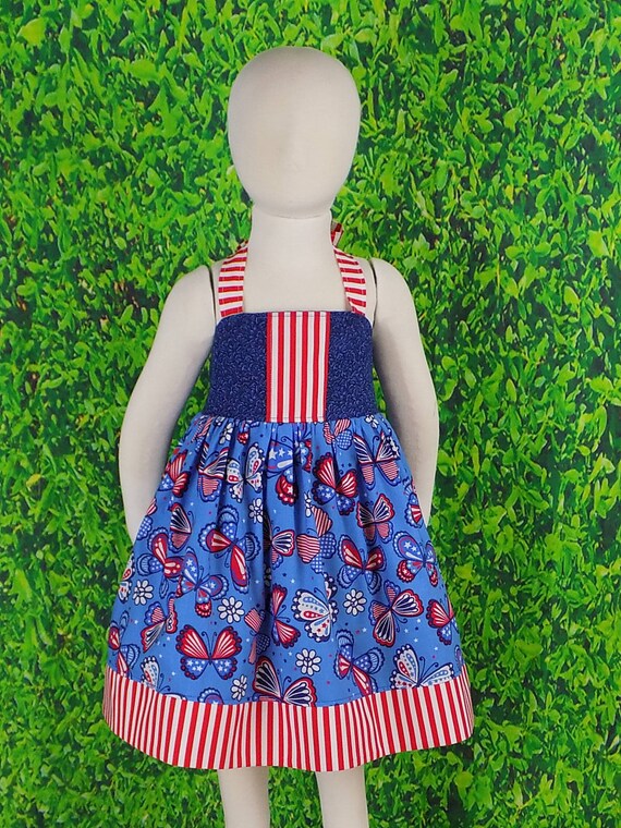 Girls, 4th of July Dress, Patriotic Dress, Red, White, Blue, Butterflies, Toddler, Teens, Baby, Halter, Independence, 2T, READY to SHIP