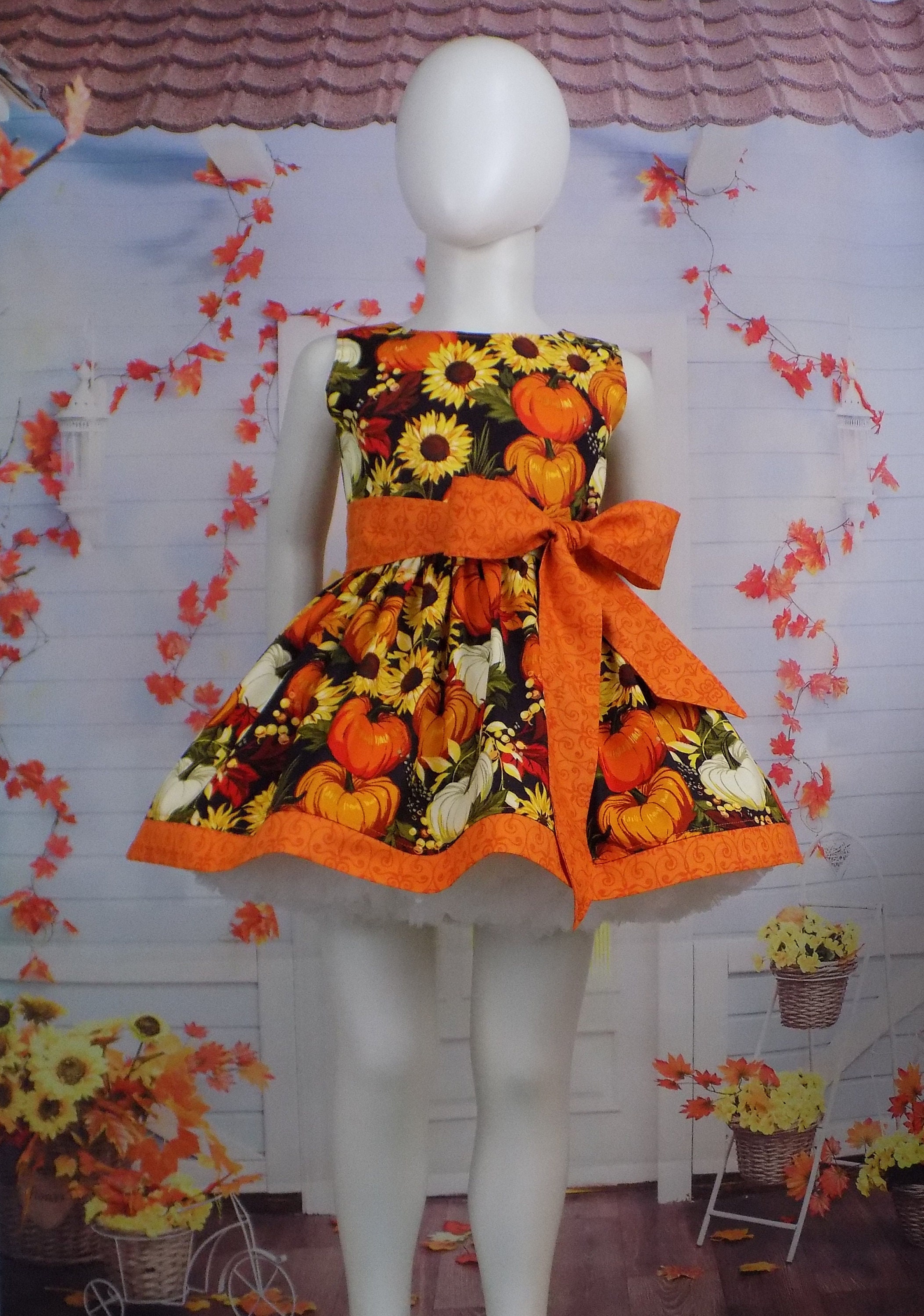 Girls Pumpkin Dress Sunflower Dress, Harvest, Autumn